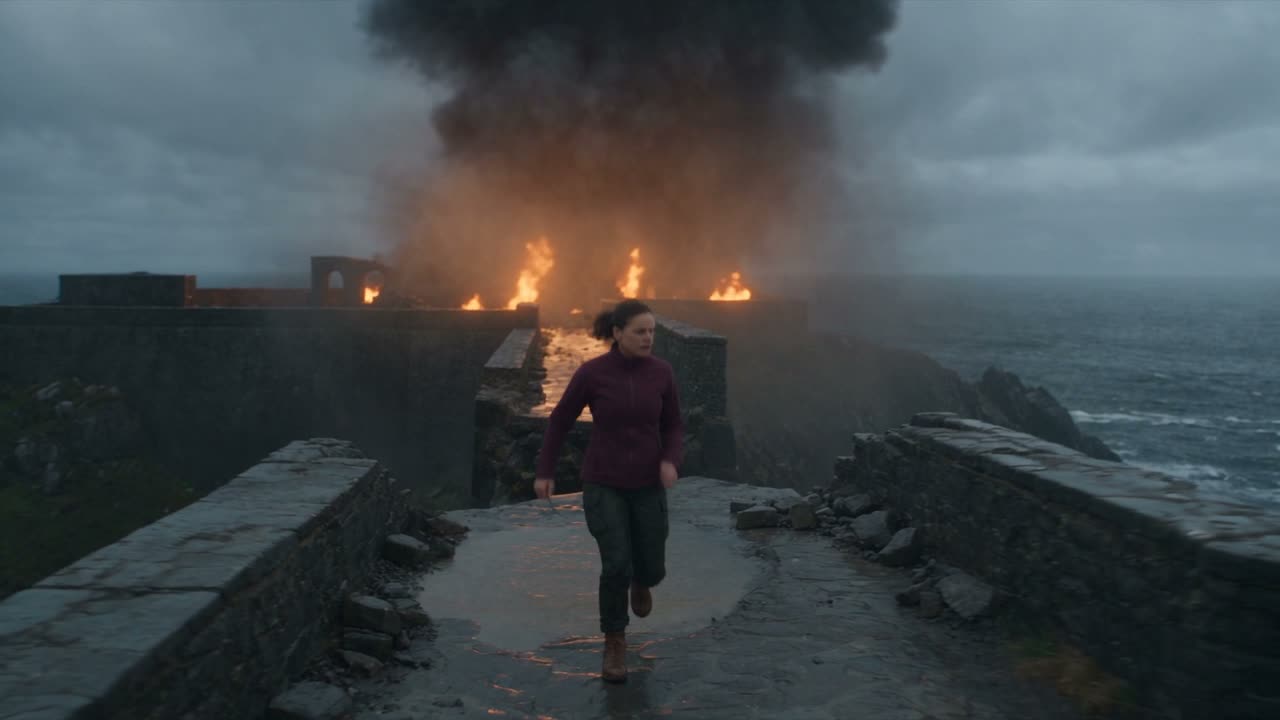 Mit KI erweiterte Filmwelt: brennende Festungsanlage an einer stürmischen Küste